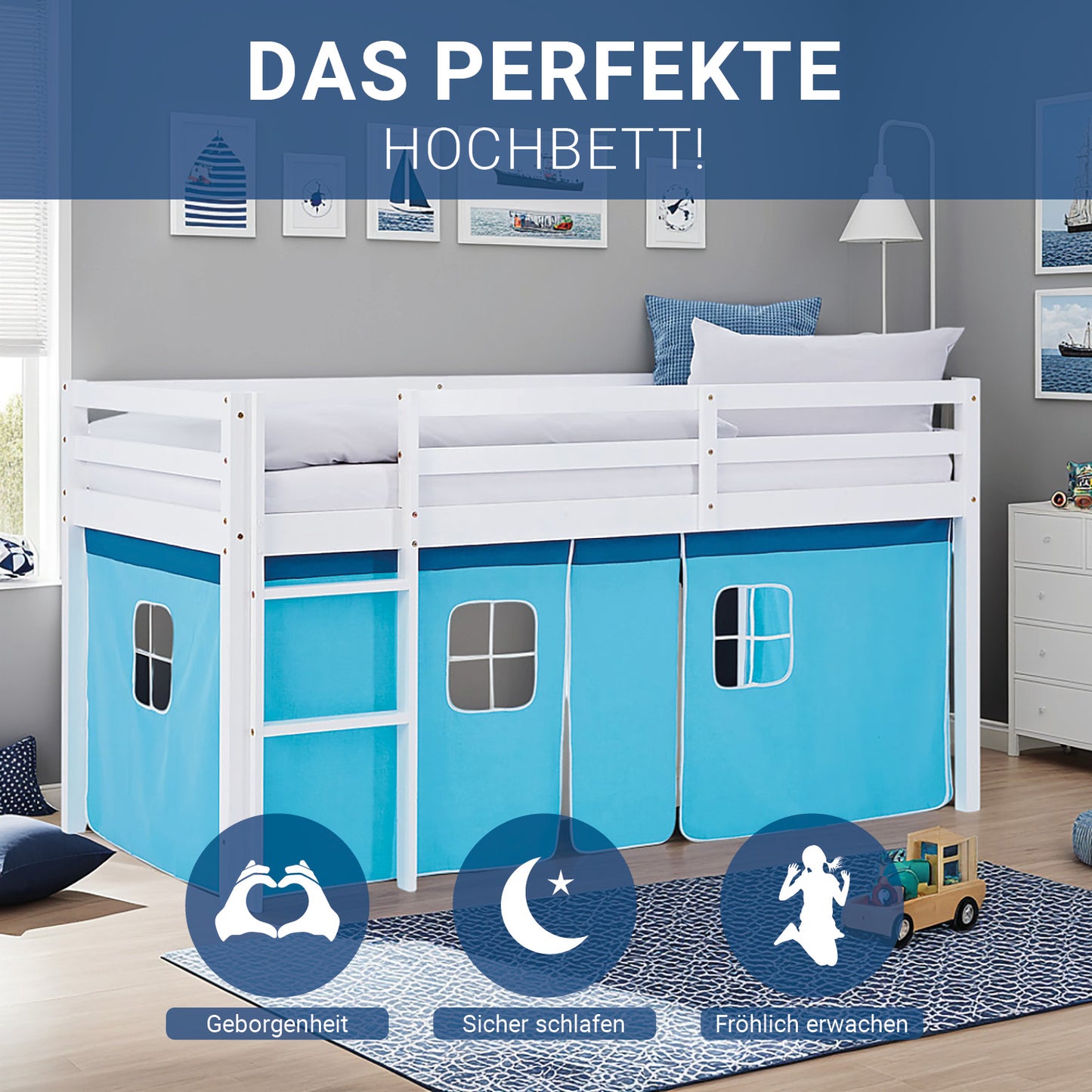 Hochbett Kinder 90x200 cm Weiss mit Vorhang in Blau | mit Lattenrost und Matratze