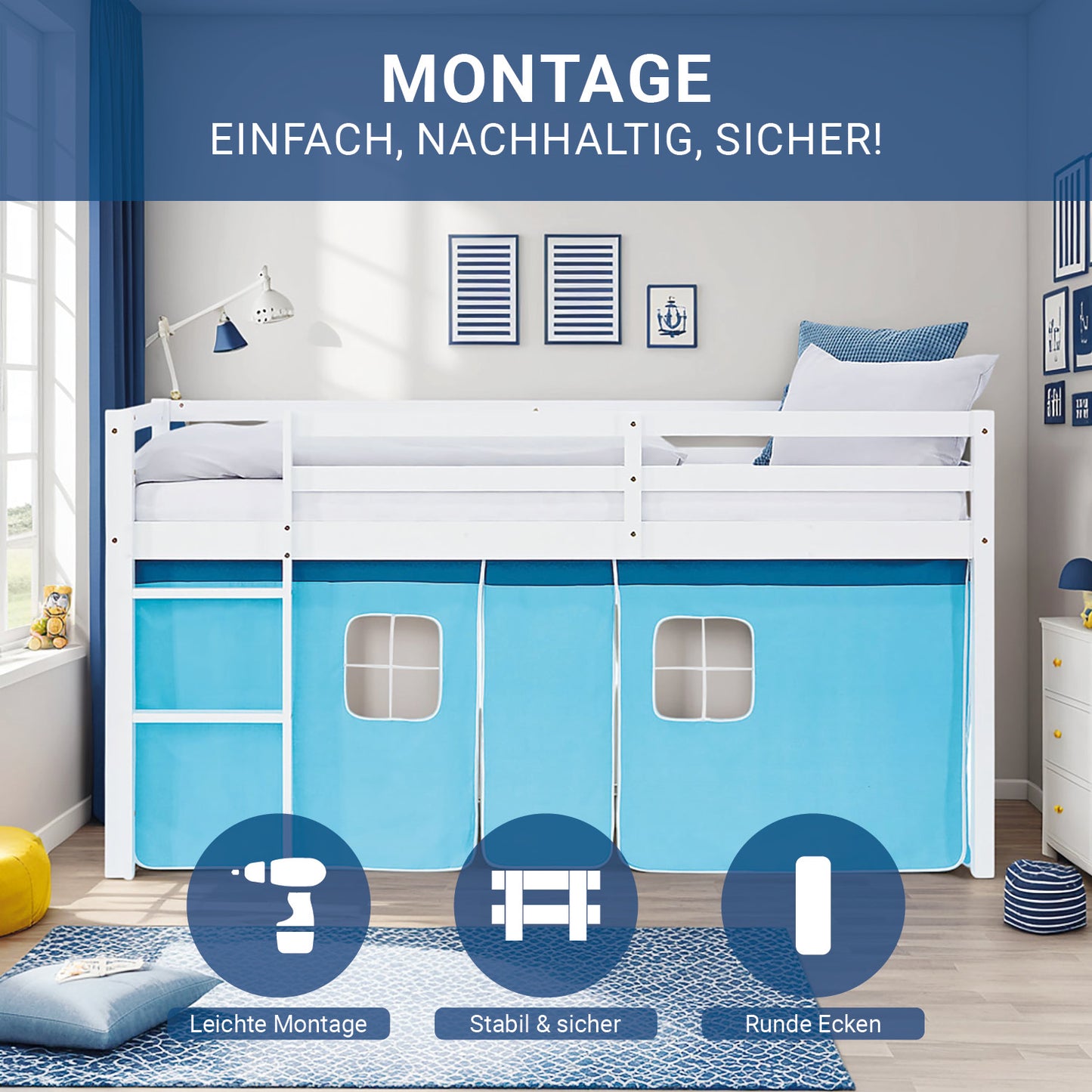 Hochbett Kinder 90x200 cm Weiss mit Vorhang in Blau | mit Lattenrost und Matratze