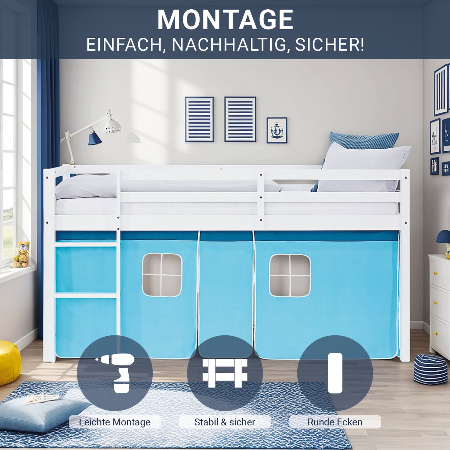 Hochbett Kinder 90x200 cm Weiss mit Vorhang in Blau | mit Lattenrost und Matratze