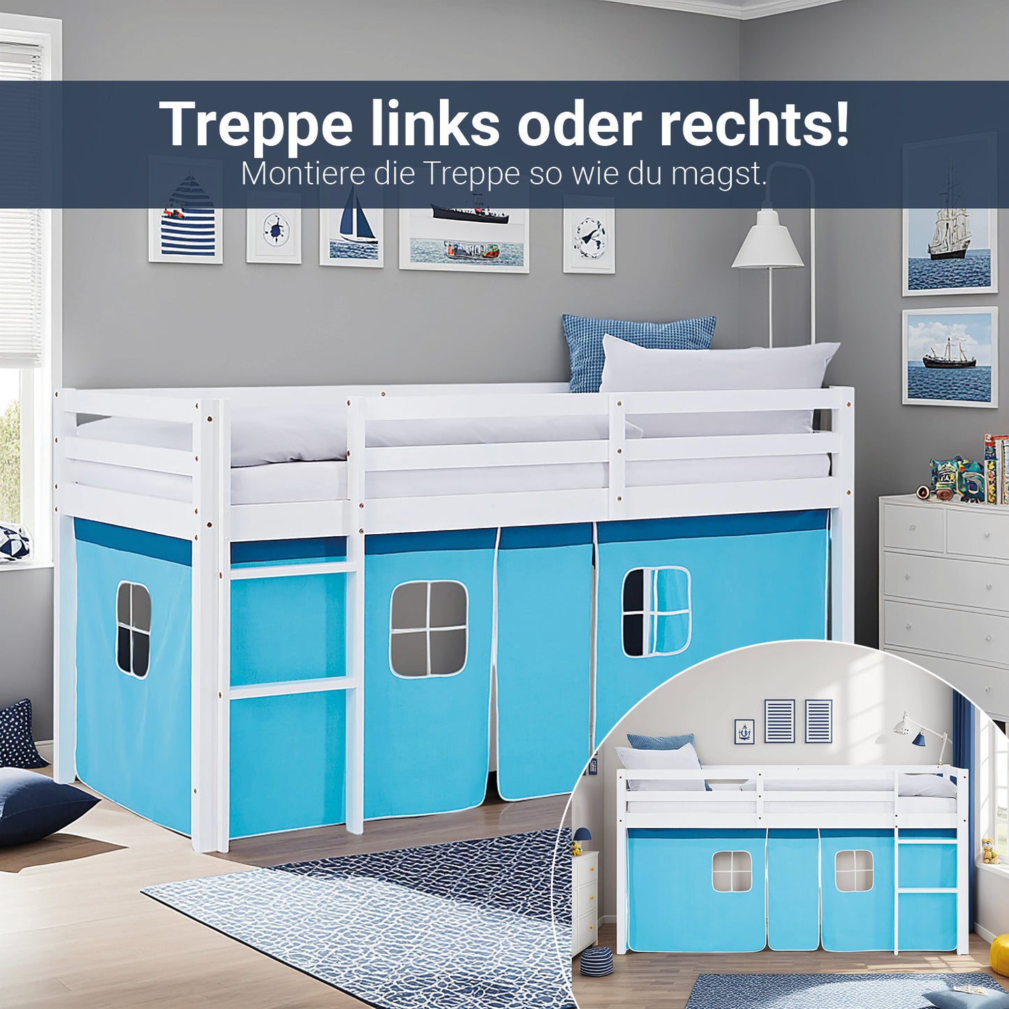 Hochbett Kinder 90x200 cm Weiss mit Vorhang in Blau | mit Lattenrost und Matratze