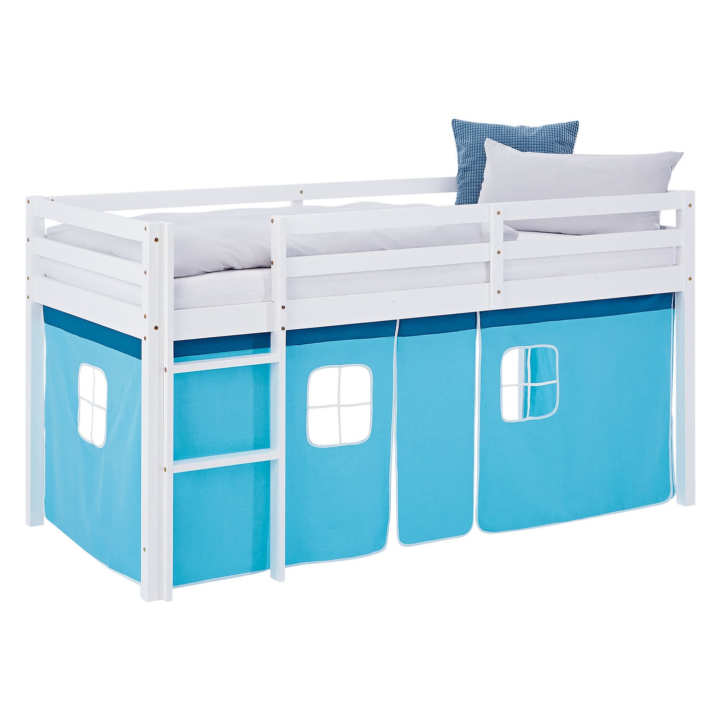 Hochbett Kinder 90x200 cm Weiss mit Vorhang in Blau | mit Lattenrost und Matratze