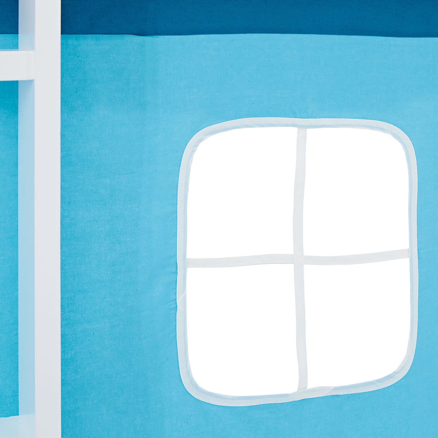 Hochbett Kinder 90x200 cm Weiss mit Vorhang in Blau | Tunnel | mit Lattenrost und Matratze