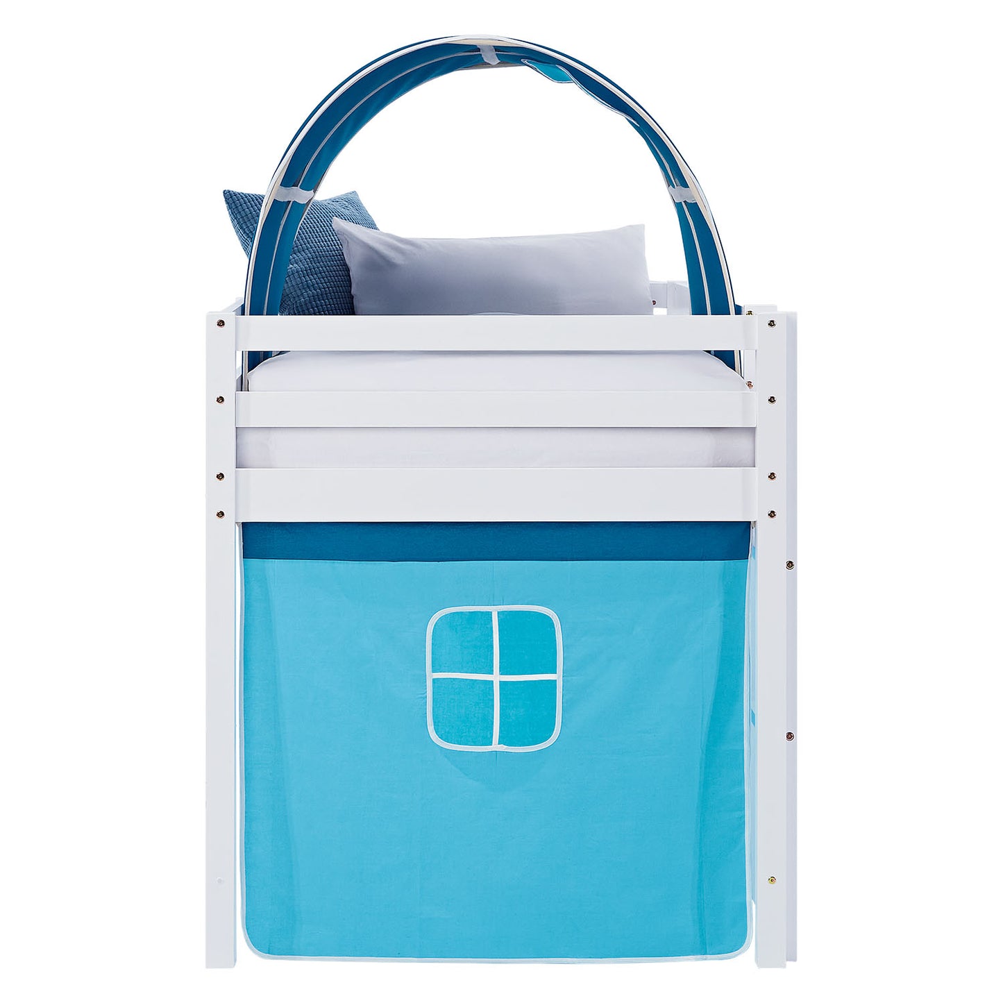 Hochbett Kinder 90x200 cm Weiss mit Vorhang in Blau | Tunnel | mit Lattenrost und Matratze