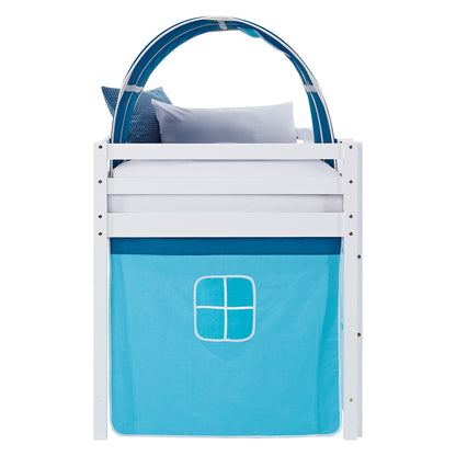 Hochbett Kinder 90x200 cm Weiss mit Vorhang in Blau | Tunnel | mit Lattenrost und Matratze