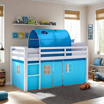 Hochbett Kinder 90x200 cm Weiss mit Vorhang in Blau | Tunnel | mit Lattenrost und Matratze