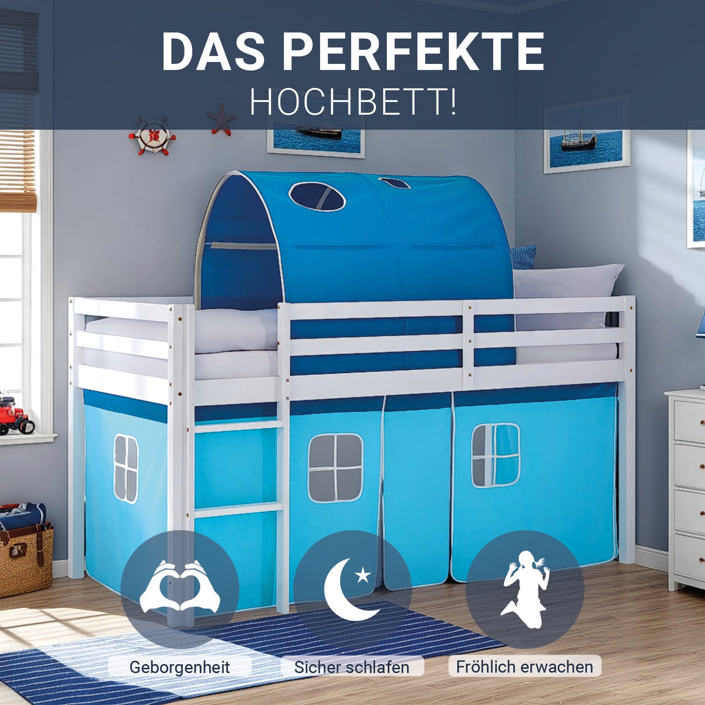 Hochbett Kinder 90x200 cm Weiss mit Vorhang in Blau | Tunnel | mit Lattenrost und Matratze