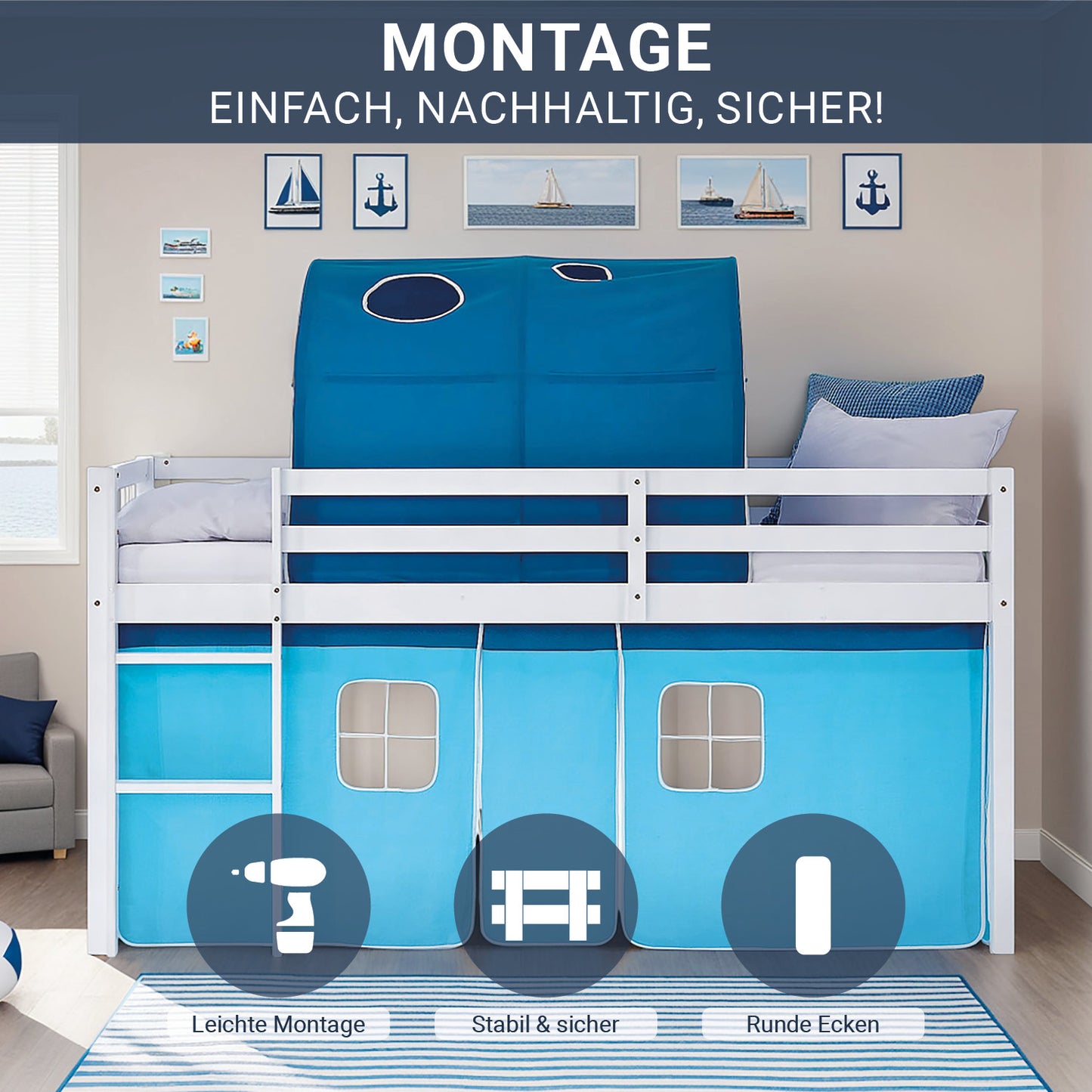 Hochbett Kinder 90x200 cm Weiss mit Vorhang in Blau | Tunnel | mit Lattenrost und Matratze