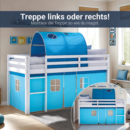 Hochbett Kinder 90x200 cm Weiss mit Vorhang in Blau | Tunnel | mit Lattenrost und Matratze