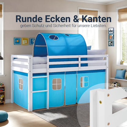 Hochbett Kinder 90x200 cm Weiss mit Vorhang in Blau | Tunnel | mit Lattenrost und Matratze