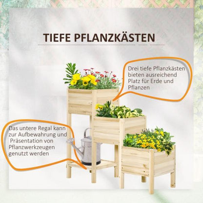 Hochbeet 3 Etagen Pflanzkübel Pflanzkasten aus Holz für Garten Balkon Natur 125 x 45 x 108 cm