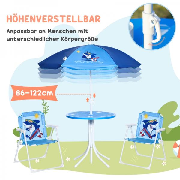 4-teiliges Gartenmöbel-Set für Kinder, mit Hai-Motiv, 1 Hollywoodschaukel, 2 Stühle, 1 Sonnenschirm mit Tisch, Blau