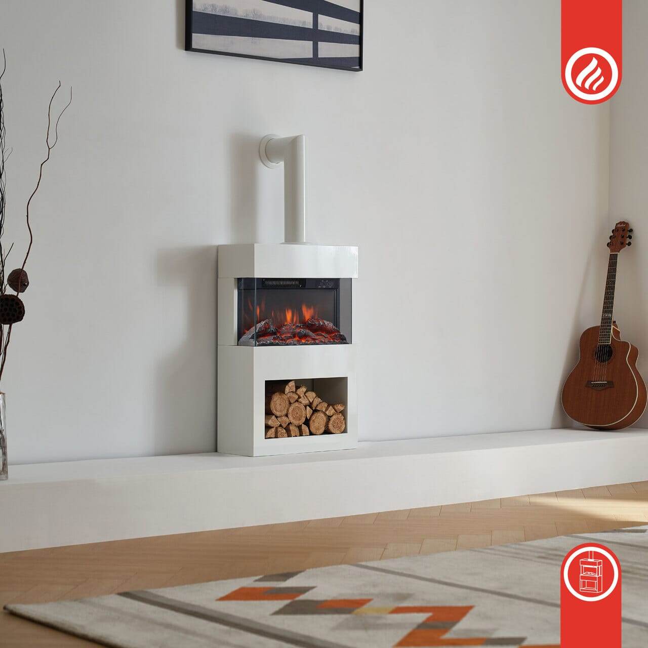 KAMINIO Elektrokamin HENRI mit Ofenrohr - mit Heizung Holzfach Weiss - Palo24