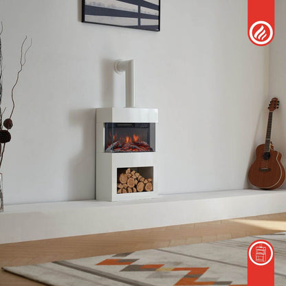 KAMINIO Elektrokamin HENRI mit Ofenrohr - mit Heizung Holzfach Weiss - Palo24