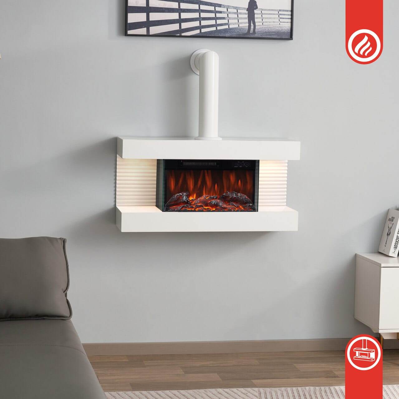 KAMINIO Elektrokamin LIZ mit Ofenrohr - Elektrischer Wandkamin mit Heizung Weiss - Palo24