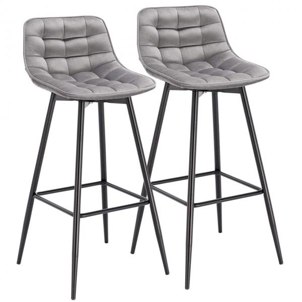 Lot de 2 chaises de bar design avec repose-pieds en velours, pieds en métal Elif gris clair