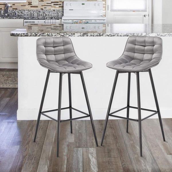 Lot de 2 chaises de bar design avec repose-pieds en velours, pieds en métal Elif gris clair