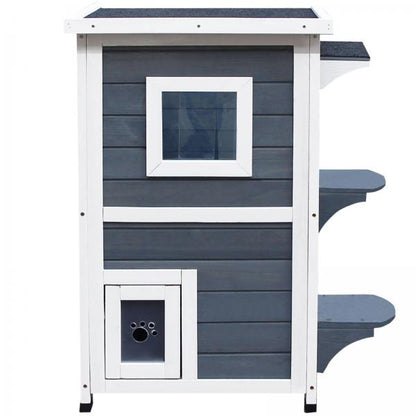 Katzenhaus 2 Etagen mit Treppen Asphaltdach Tannenholz Grau - Palo24