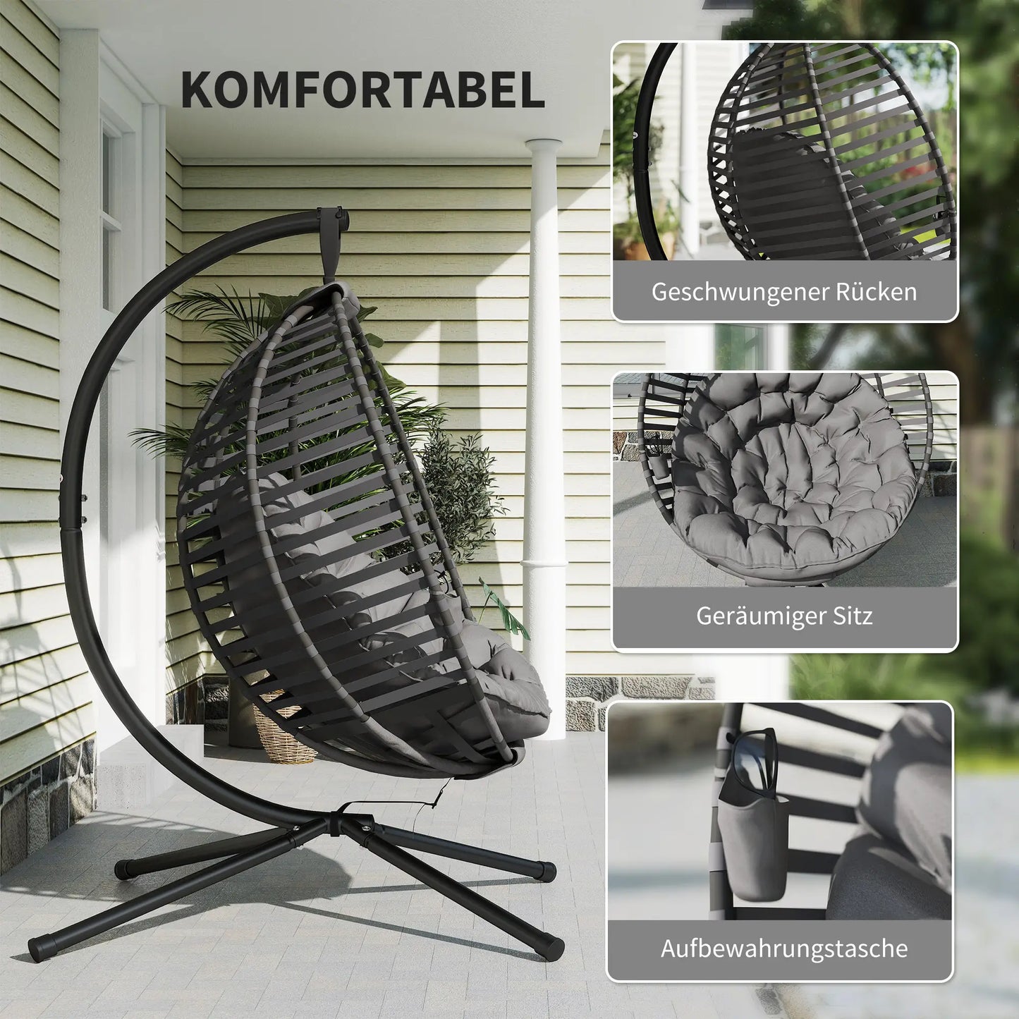 Hängesessel Hängekorb mit Gestell für 2 Personen faltbar Grau