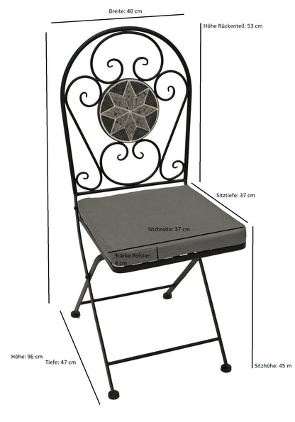 Chaise pliante SIENA, fer noir + mosaïque gris/blanc, 2 pièces, avec coussins