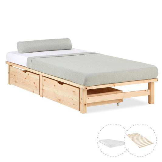 Palettenbett 90x200 cm Natur | Einzelbett mit Bettkästen | mit Matratze | Holz | Kind Gast