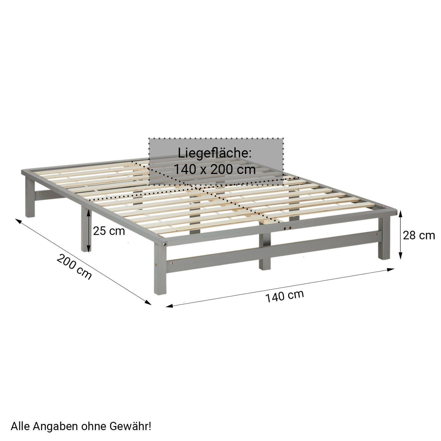 Palettenbett 140x200 cm Grau | Doppelbett mit Matratze | mit Lattenrost | Holz | Jugend Gast