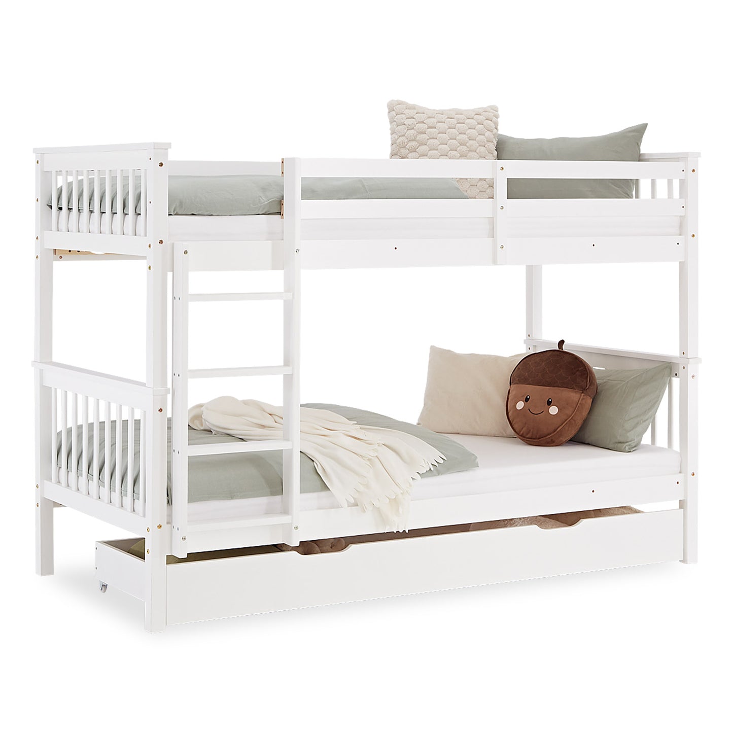 Etagenbett 90x200 cm Weiss | Kinderbett mit Bettkasten | Rausfallschutz | Umbaubar | Holz massiv