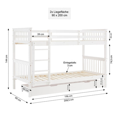 Etagenbett 90x200 cm Weiss | Kinderbett mit Bettkasten | Rausfallschutz | Umbaubar | Holz massiv