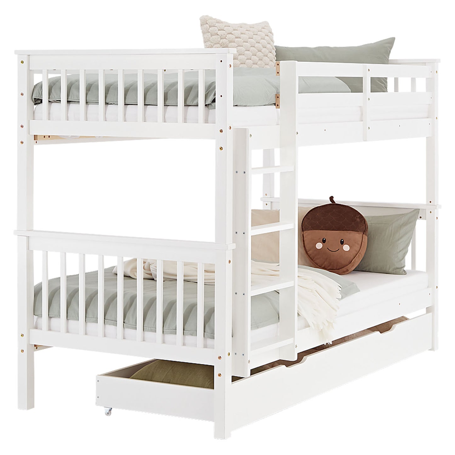 Etagenbett 90x200 cm Weiss | Kinderbett mit Bettkasten | Rausfallschutz | Umbaubar | Holz massiv