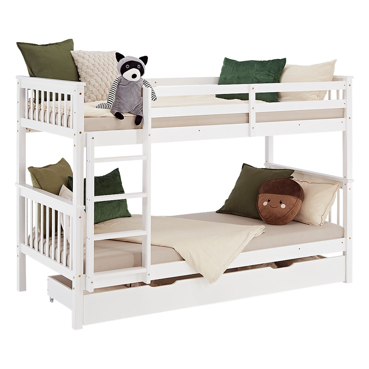 Etagenbett 90x200 cm Weiss | Kinderbett mit Bettkasten | Rausfallschutz | Umbaubar | Holz massiv