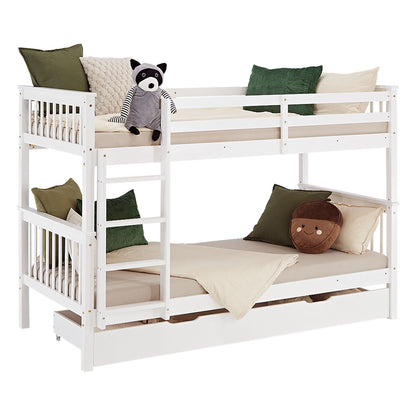 Etagenbett 90x200 cm Weiss | Kinderbett mit Bettkasten | Rausfallschutz | Umbaubar | Holz massiv