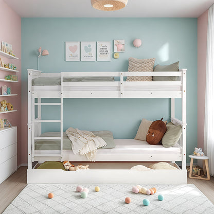 Etagenbett 90x200 cm Weiss | Kinderbett mit Bettkasten | Rausfallschutz | Umbaubar | Holz massiv