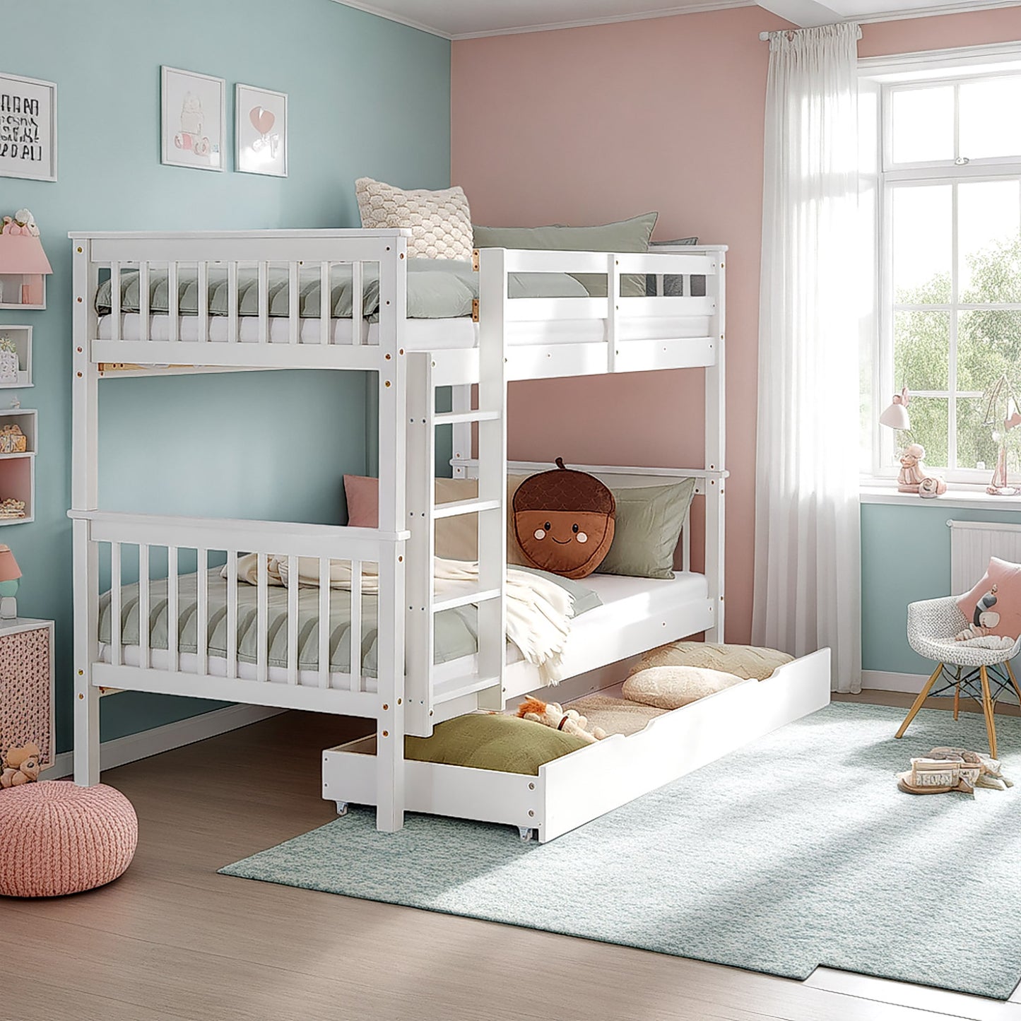 Etagenbett 90x200 cm Weiss | Kinderbett mit Bettkasten | Rausfallschutz | Umbaubar | Holz massiv