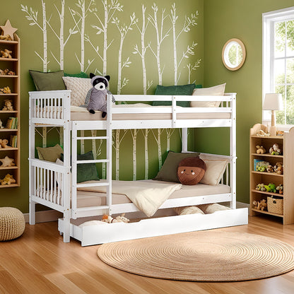 Etagenbett 90x200 cm Weiss | Kinderbett mit Bettkasten | Rausfallschutz | Umbaubar | Holz massiv