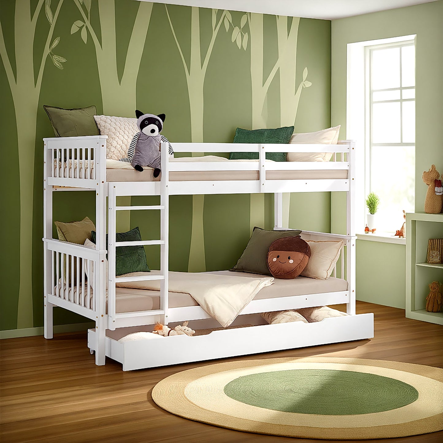 Etagenbett 90x200 cm Weiss | Kinderbett mit Bettkasten | Rausfallschutz | Umbaubar | Holz massiv