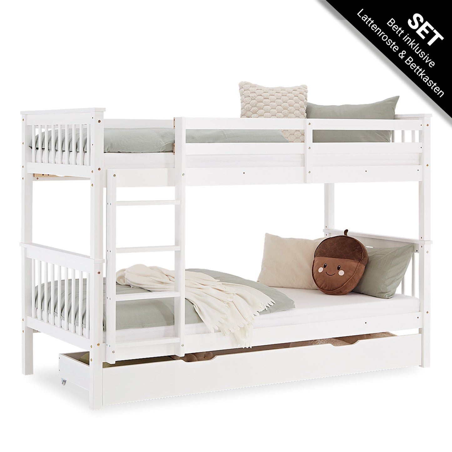Etagenbett 90x200 cm Weiss | Kinderbett mit Bettkasten | Rausfallschutz | Umbaubar | Holz massiv