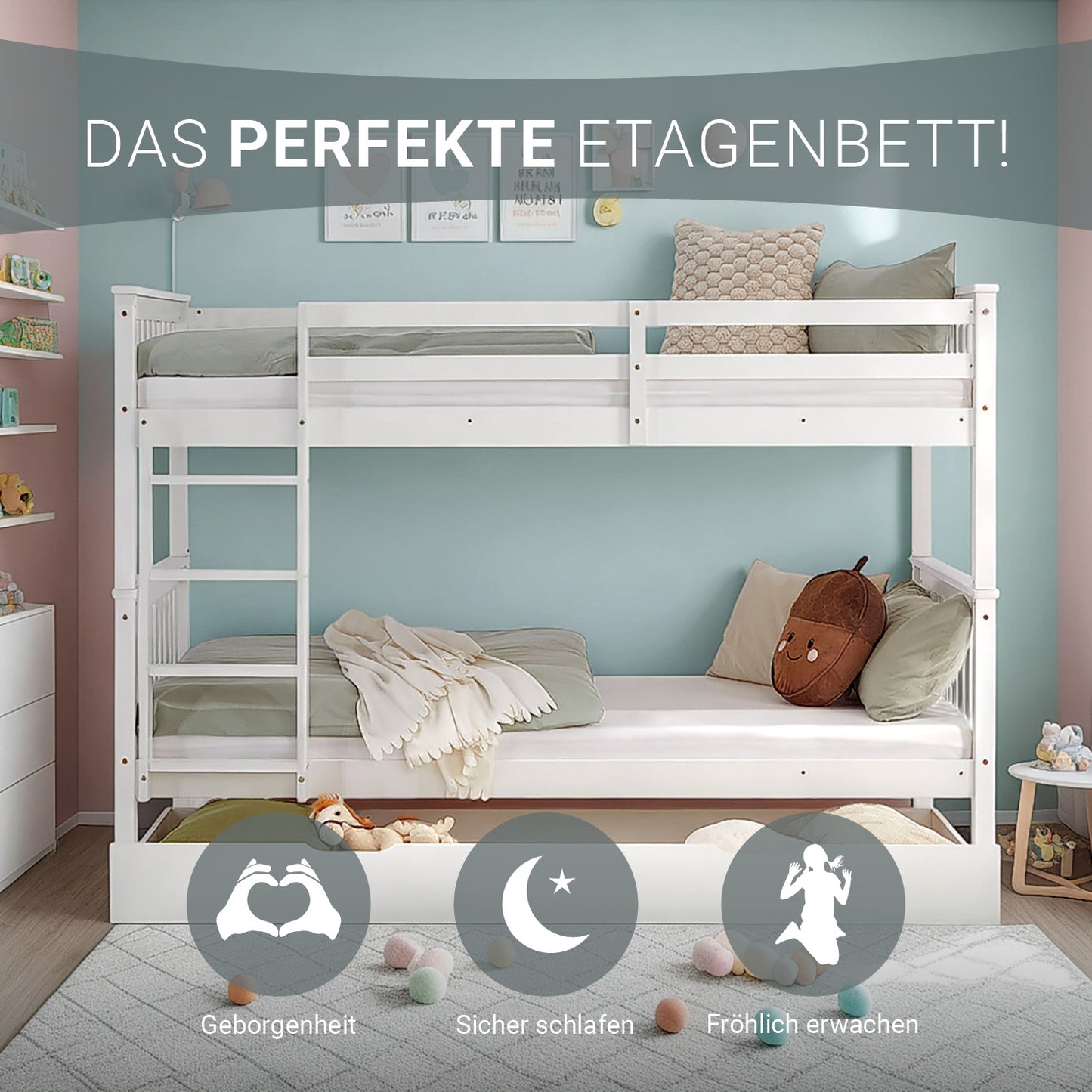 Etagenbett 90x200 cm Weiss | Kinderbett mit Bettkasten | Rausfallschutz | Umbaubar | Holz massiv