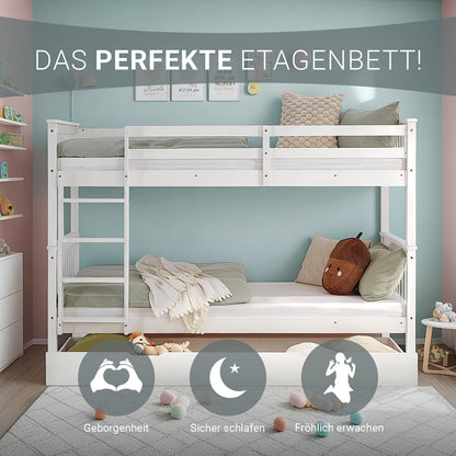 Etagenbett 90x200 cm Weiss | Kinderbett mit Bettkasten | Rausfallschutz | Umbaubar | Holz massiv