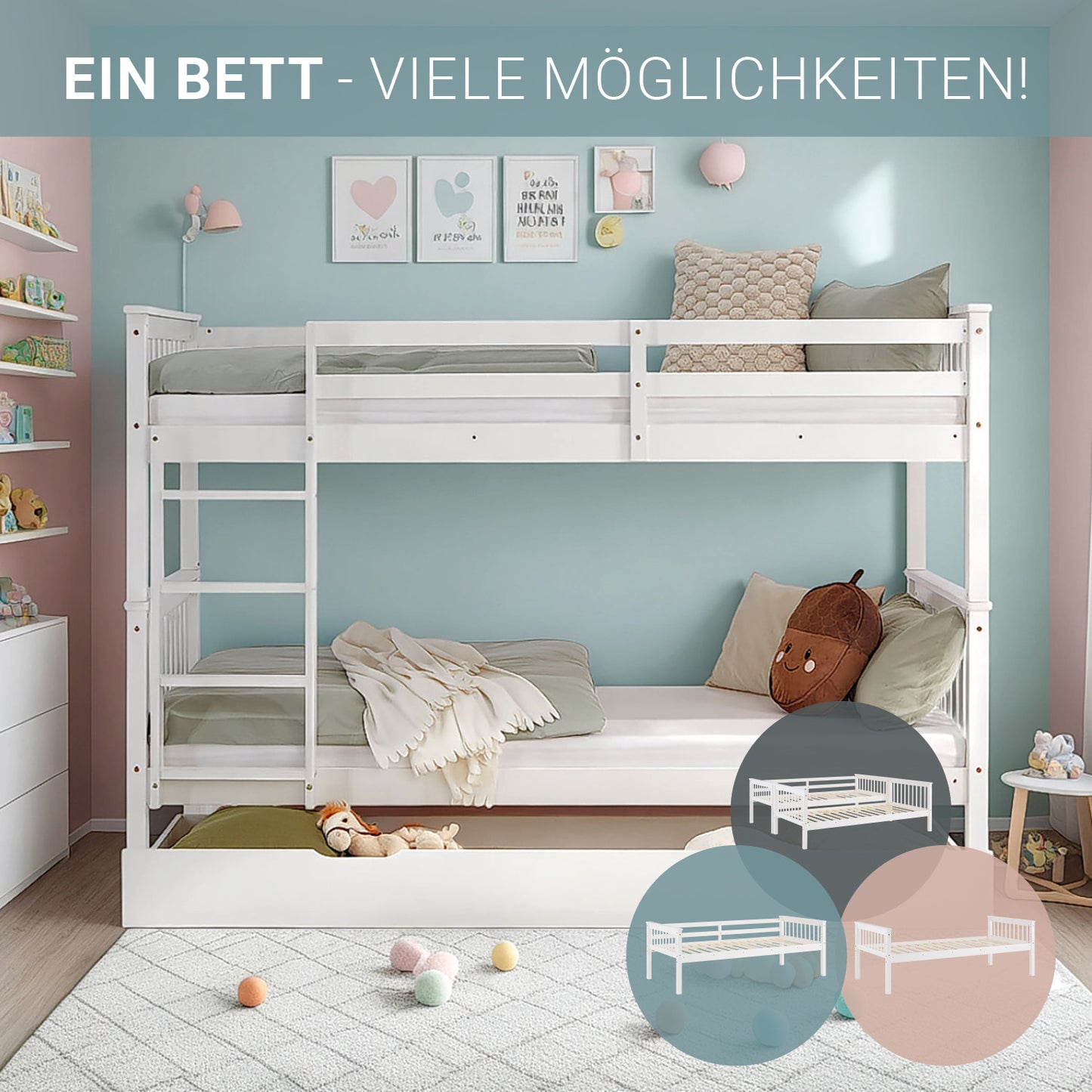 Etagenbett 90x200 cm Weiss | Kinderbett mit Bettkasten | Rausfallschutz | Umbaubar | Holz massiv