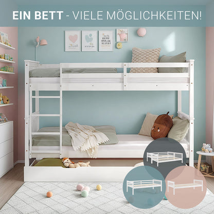Etagenbett 90x200 cm Weiss | Kinderbett mit Bettkasten | Rausfallschutz | Umbaubar | Holz massiv