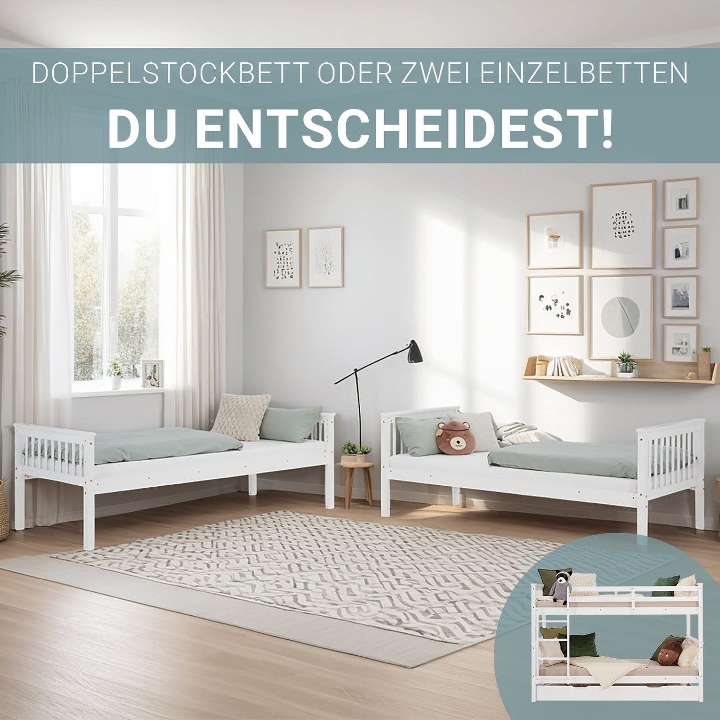 Etagenbett 90x200 cm Weiss | Kinderbett mit Bettkasten | Rausfallschutz | Umbaubar | Holz massiv