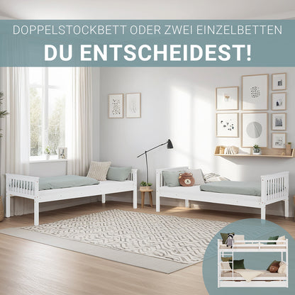 Etagenbett 90x200 cm Weiss | Kinderbett mit Bettkasten | Rausfallschutz | Umbaubar | Holz massiv