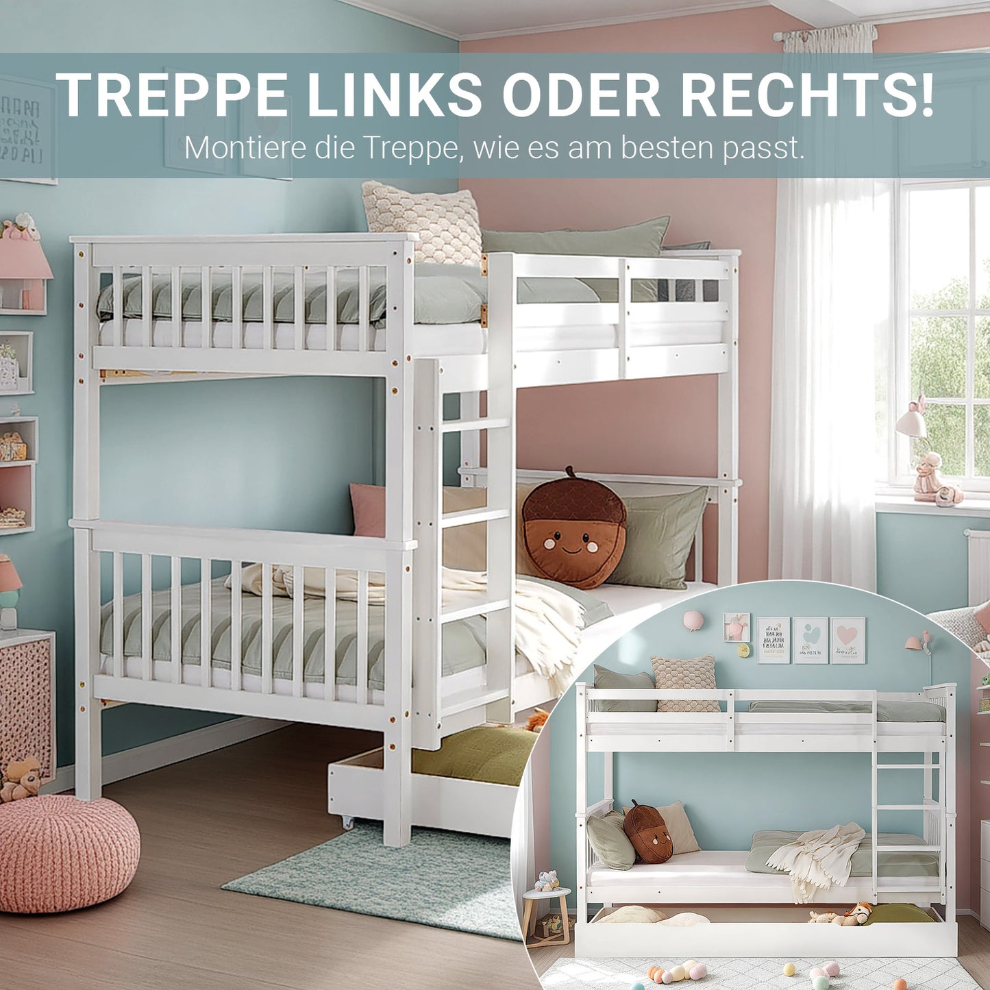 Etagenbett 90x200 cm Weiss | Kinderbett mit Bettkasten | Rausfallschutz | Umbaubar | Holz massiv