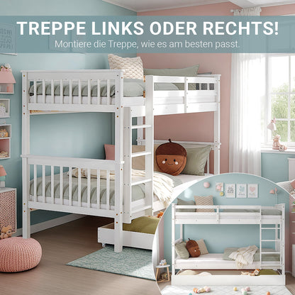 Etagenbett 90x200 cm Weiss | Kinderbett mit Bettkasten | Rausfallschutz | Umbaubar | Holz massiv
