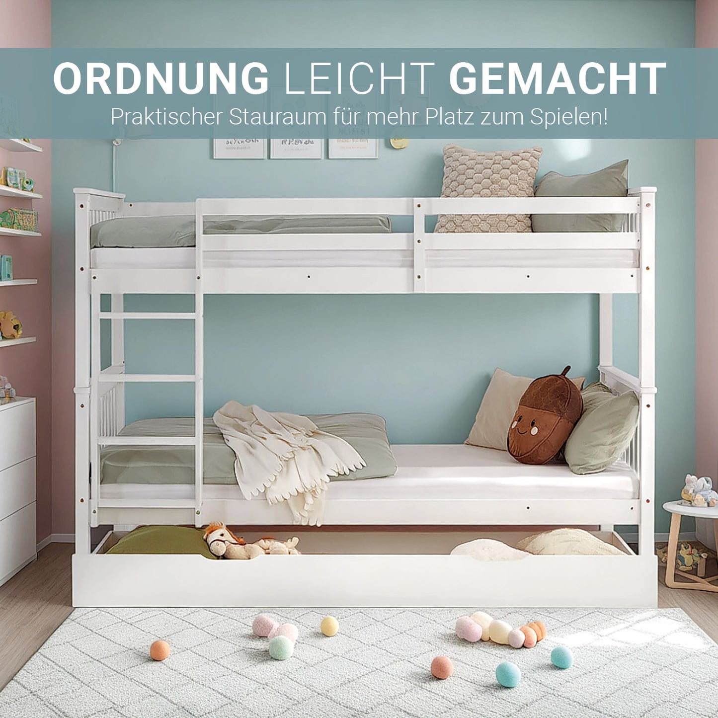 Etagenbett 90x200 cm Weiss | Kinderbett mit Bettkasten | Rausfallschutz | Umbaubar | Holz massiv