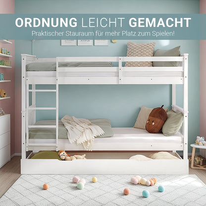 Etagenbett 90x200 cm Weiss | Kinderbett mit Bettkasten | Rausfallschutz | Umbaubar | Holz massiv