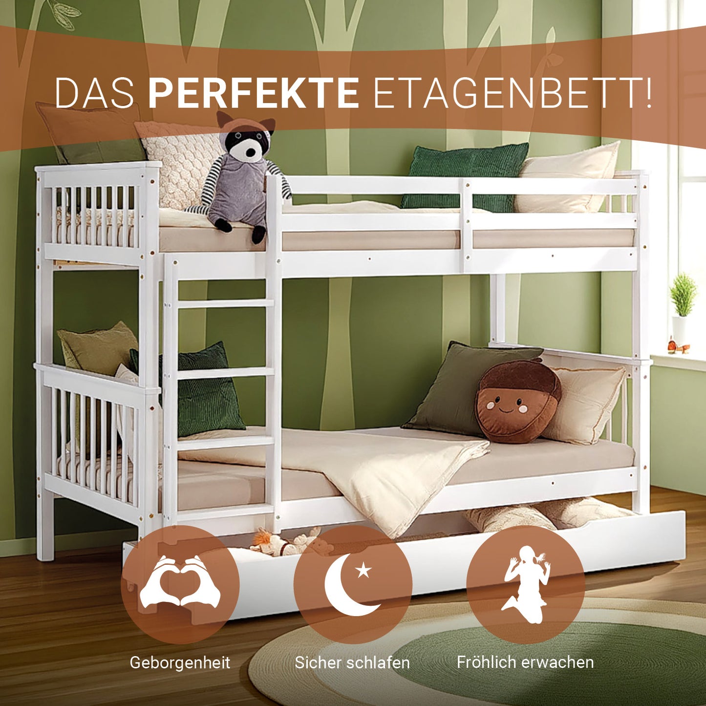 Etagenbett 90x200 cm Weiss | Kinderbett mit Bettkasten | Rausfallschutz | Umbaubar | Holz massiv