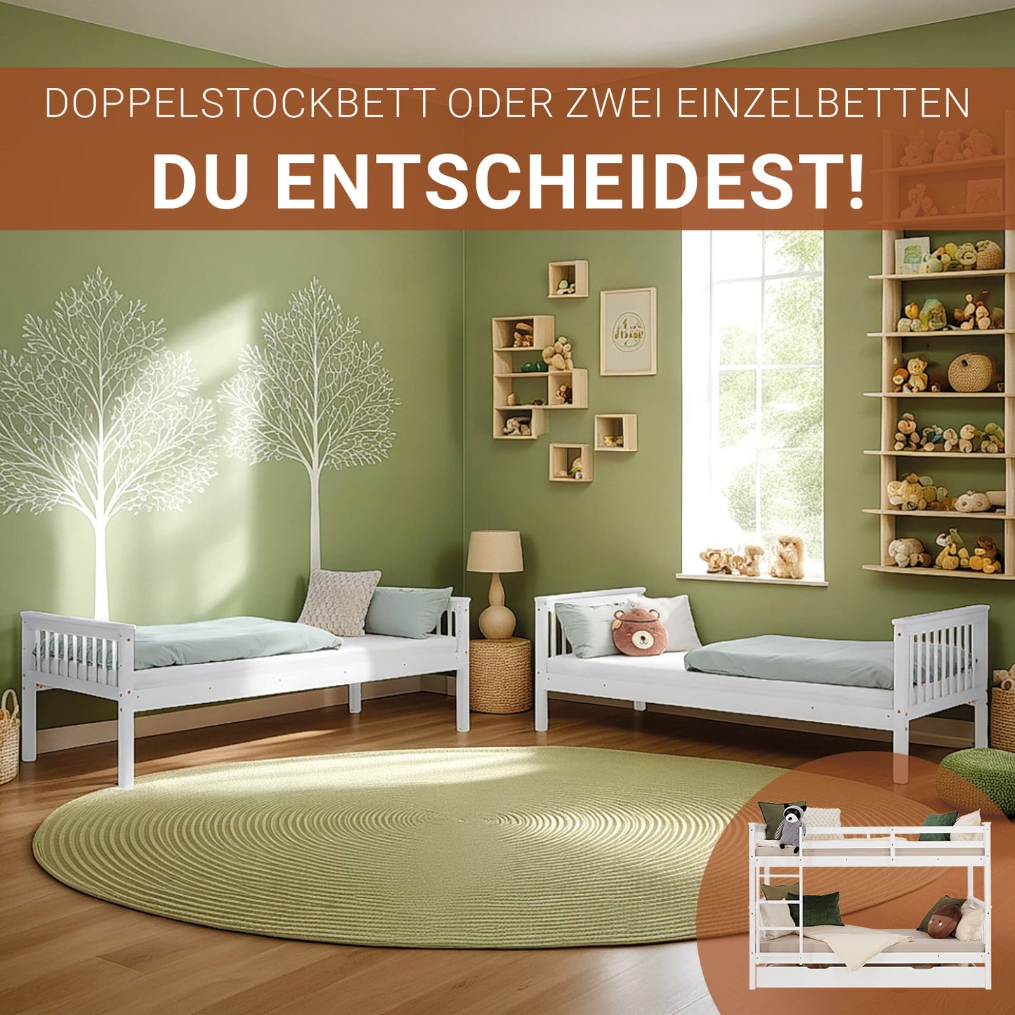Etagenbett 90x200 cm Weiss | Kinderbett mit Bettkasten | Rausfallschutz | Umbaubar | Holz massiv