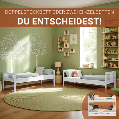 Etagenbett 90x200 cm Weiss | Kinderbett mit Bettkasten | Rausfallschutz | Umbaubar | Holz massiv