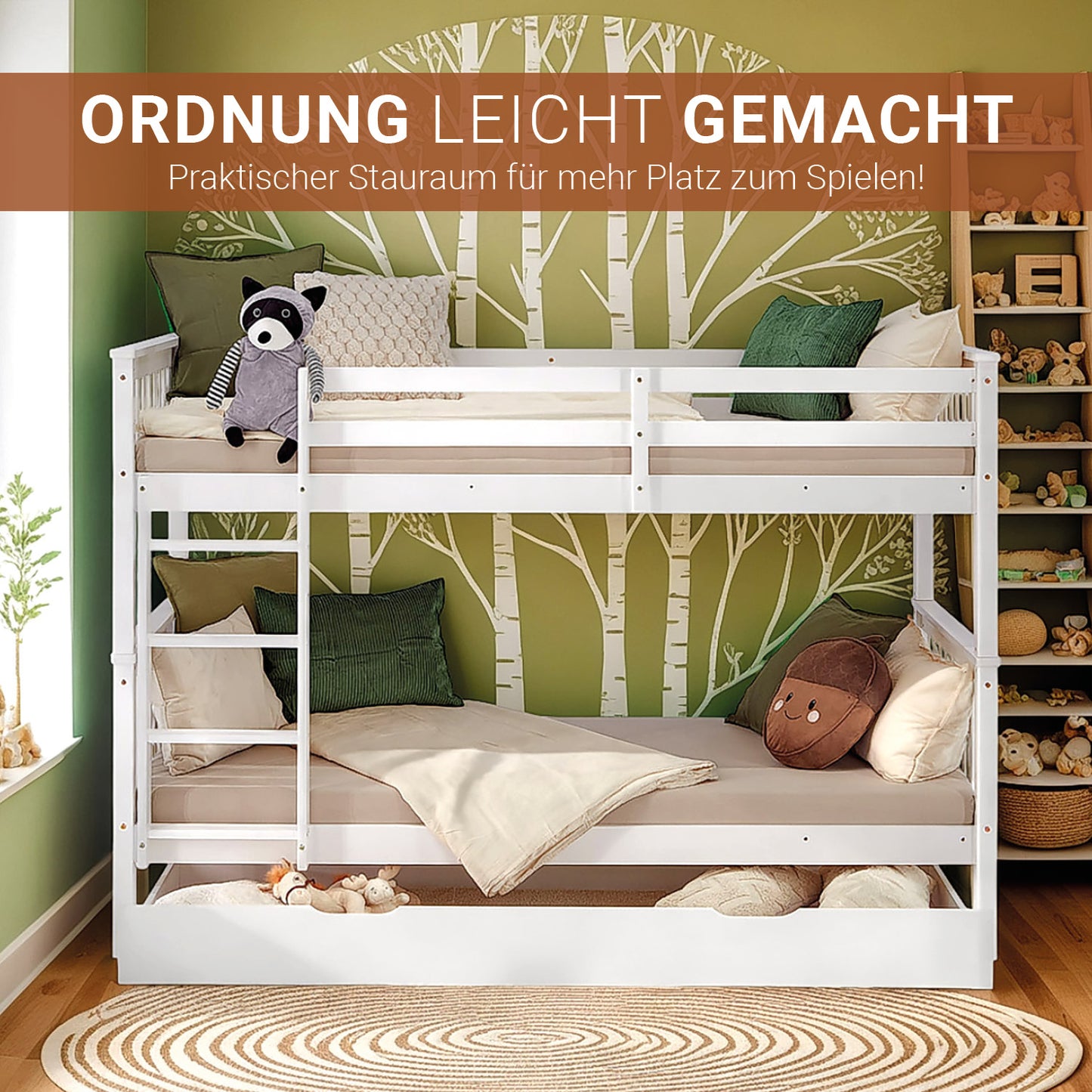 Etagenbett 90x200 cm Weiss | Kinderbett mit Bettkasten | Rausfallschutz | Umbaubar | Holz massiv
