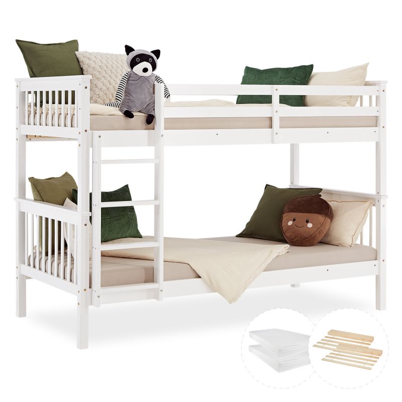 Etagenbett 90x200 cm mit Matratze & Lattenrost umbaubar Weiss - Palo24